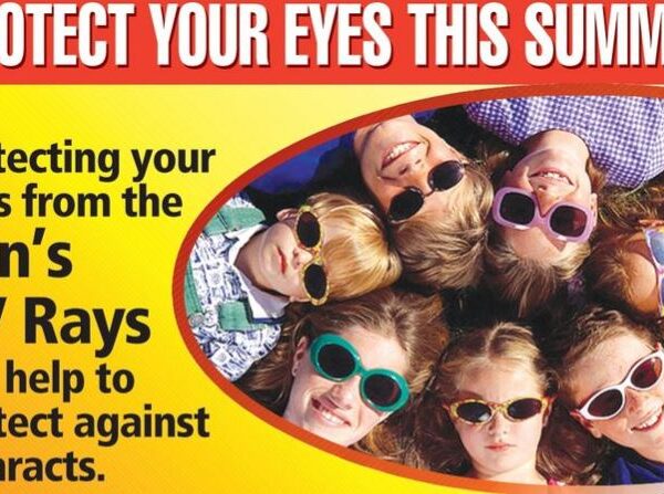 Sunglasses protecting your eyes this summer banner image of several young children lying on ground with heads together in circle with sunglasses on with text to protect your eyes this summer